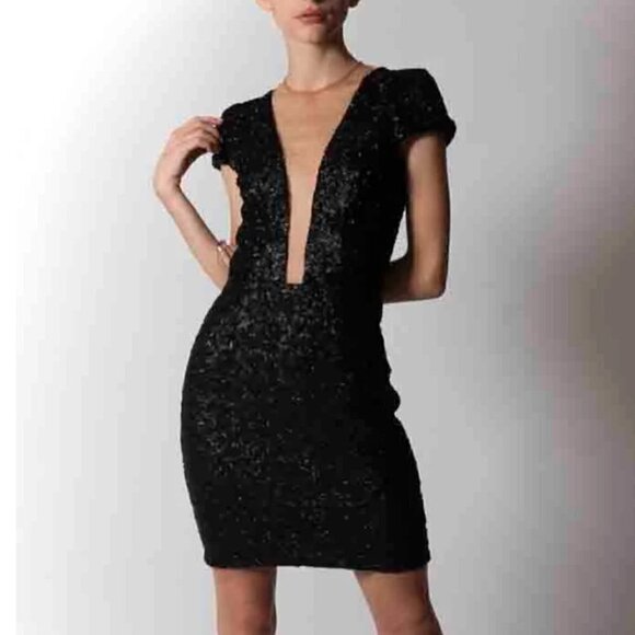Aidan Mattox Sequin mini dress plunging illusion neck short dress Size 10 - Picture 6 of 16